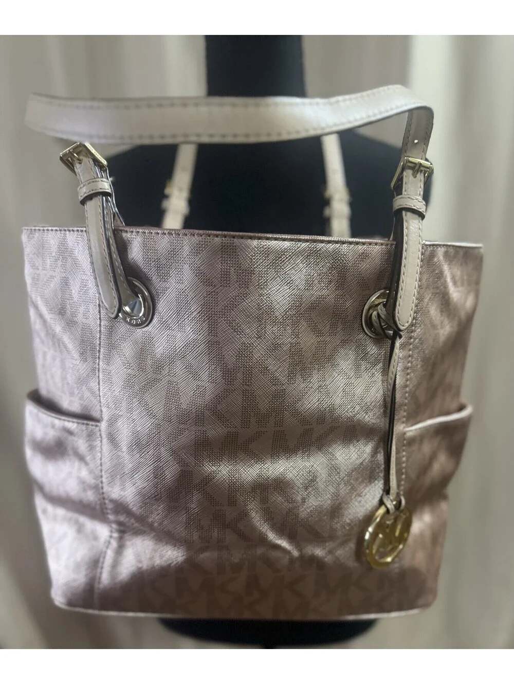 Michael Kors Large Metallic Rose Gold MK Logo Tote Shoulder Bag Gold Hardware